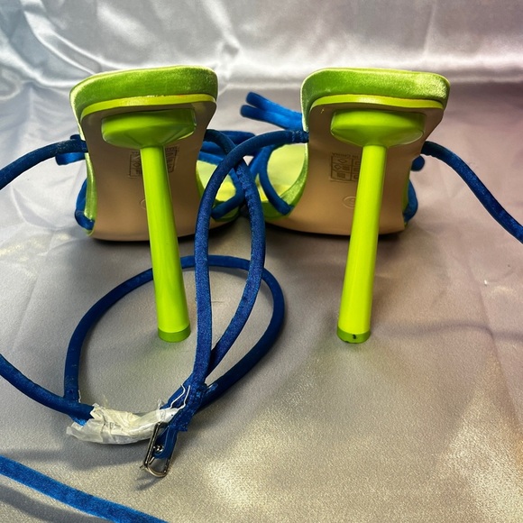 Public Desire Blue and Green Heeled Sandals with Square-Toe Design - Picture 3 of 7